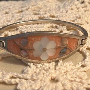 VTG Alpaca Mexico Hinged Bracelet Mother of Pearl Flower Inlay 2.5”